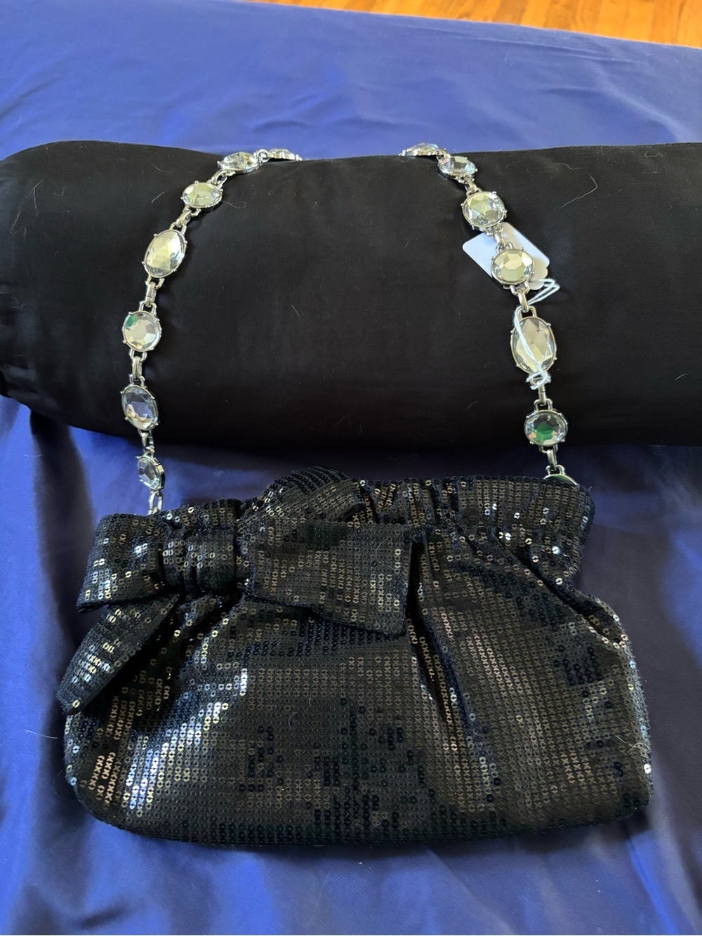White House Black Market Black Sequin Clutch with Crystal Chain - Picture 5 of 12